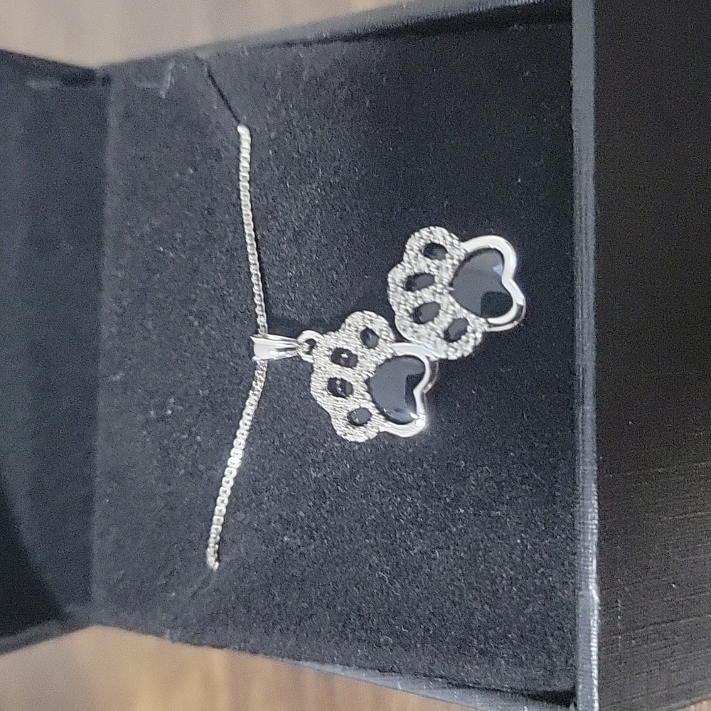 Black Onyx & Diamond Paw Prints Necklace 1/10 ct tw Sterling Silver 18”